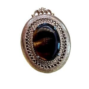 Vintage Florenza intaglio carved gold tone oval tortoise shell brooch signed